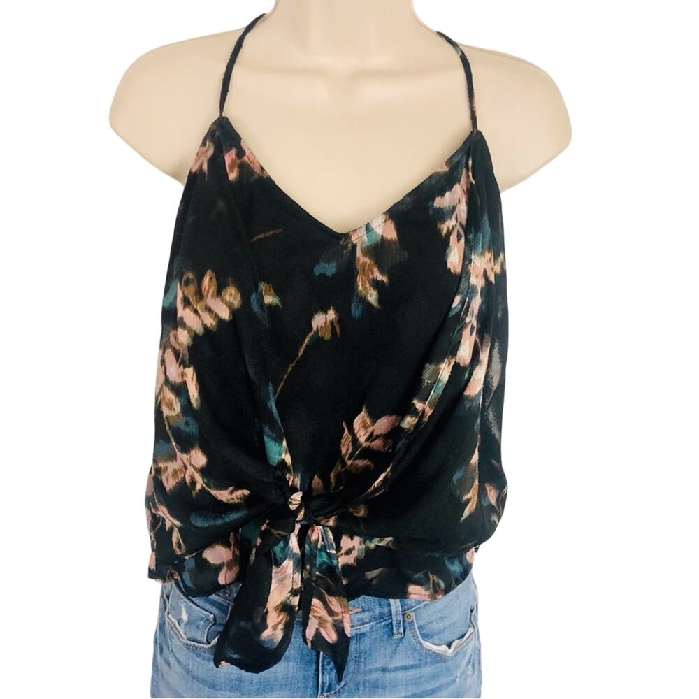 NWT Willow & Clay Black Floral Tank Top Front Tie Spaghetti Strap Lined - Picture 14 of 16